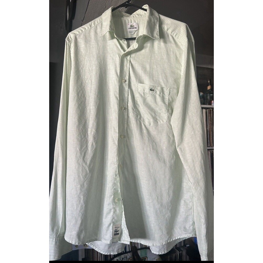Lacoste Button Down - Light Green & White Striped Shirt Men’s 42 -
